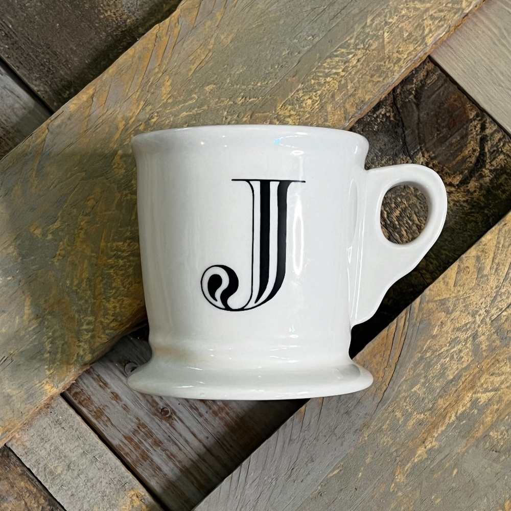 EUC. Classic! J {Anthro} Initial Coffee Mug! White Black Monogram Tea Cup